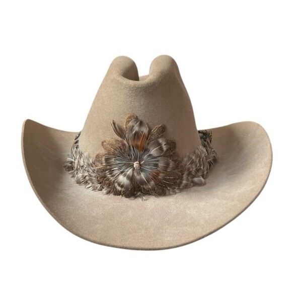 Vintage John B Stetson 3X Beaver XXX Cowboy Hat Beige w/ Feather Size 6-7/8 - Picture 2 of 11